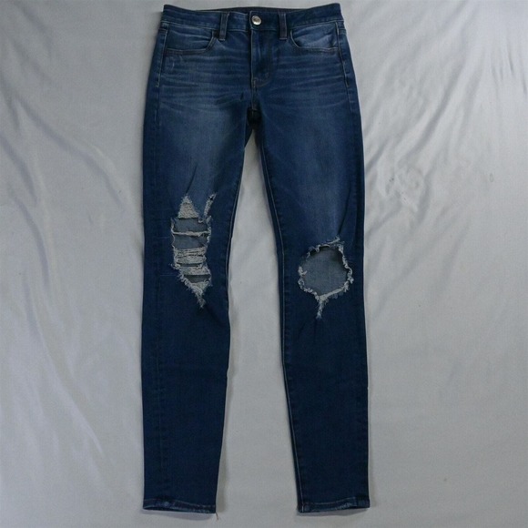 American Eagle 2 Hi Rise Jegging 360 Next Level Stretch Destroyed Denim Jeans - Picture 1 of 7